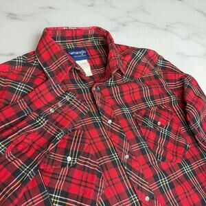 VTG Wrangler Pearl Snap Flannel Mens Lrg Lightweight Brush Popper Western Red